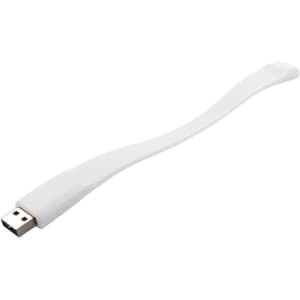 A flexible white silicone wristband featuring a USB connector at one end, with a simple design and a logo.