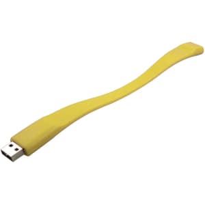 A yellow silicone wristband with a USB connector at one end. It features a smooth, flexible design and a logo.