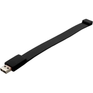 A black silicone wristband with a USB connector at one end. The band has a simple design and includes a logo.