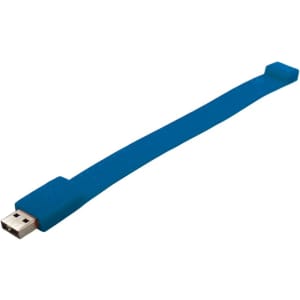A blue silicone wristband with a USB connector at one end and a logo on the band.