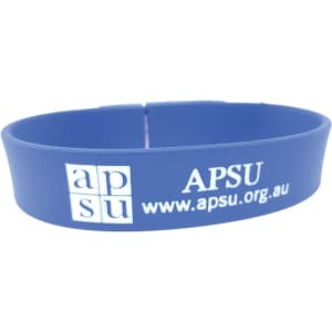 A blue silicone wristband featuring a logo and website details. It's flexible and suitable for exhibitions and events.