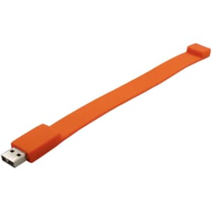 An orange silicone wristband with a USB connector on one end. It has a logo.