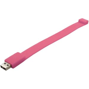 A pink silicone wristband with a USB connector at one end and a smooth, flexible design.