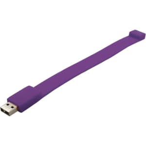 A purple silicone wristband with a USB connector at one end, featuring a logo.