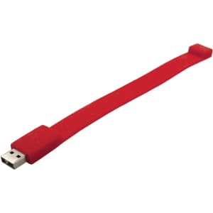 A red silicone wristband with a USB connector on one end, featuring a branding logo.