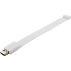 A white silicone wristband with a USB connector at one end and a smooth surface. It features a logo.