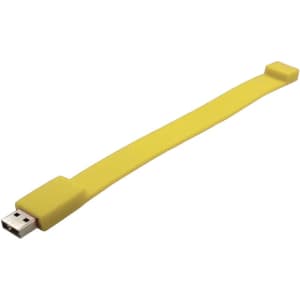 A yellow silicone wristband with a USB connector at one end, featuring a logo.