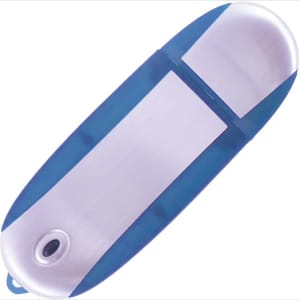 An oval blue and silver flash drive featuring a logo, designed for data storage and transfer.