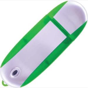 An oval flash drive in green and silver, featuring a logo and a keychain loop.