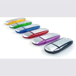 A collection of oval-shaped flash drives in silver, green, blue, orange, purple, and red with a logo on each.