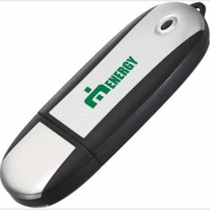 An oval-shaped flash drive in black and silver, featuring a logo on its surface.