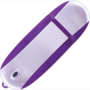 A purple and silver oval flash drive featuring a logo.