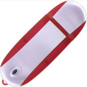 A red and silver oval flash drive with a logo on its surface.