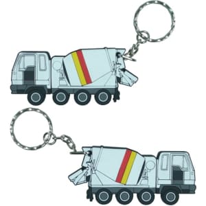 A keychain in the shape of a cement mixer truck, featuring a grey body with red and yellow stripes.