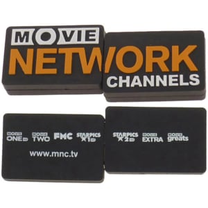 Custom moulded flash drives in black with orange and white branding elements, featuring a logo on one side.