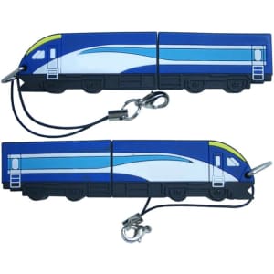 Custom moulded flash drives shaped like a blue and white train, featuring a keychain attachment.