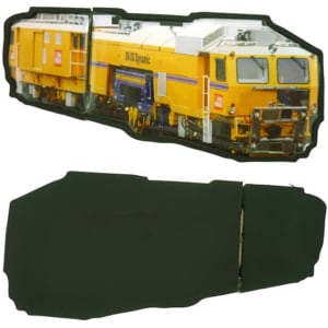 A custom moulded flash drive shaped like a yellow train, with a black base. It features a detailed image of the train.