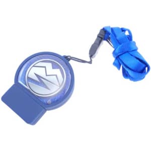 A blue custom moulded flash drive with a circular design and a matching blue lanyard. It includes a logo.