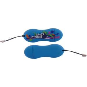 A blue custom moulded flash drive with a playful design and attached strap, featuring a logo.
