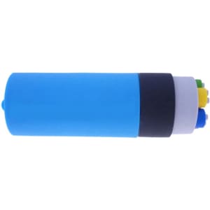 A blue custom moulded flash drive with a black band and colourful end caps in green, yellow, and blue.