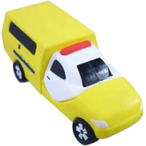 A custom moulded flash drive designed as a yellow delivery van with black wheels and detailing.