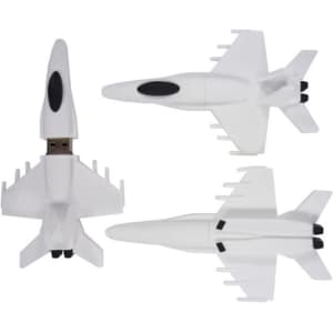 Custom moulded flash drives designed to resemble aircraft, predominantly in white. Features a logo on one side.
