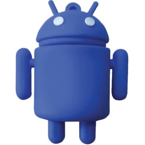 A blue custom moulded flash drive shaped like a robot, featuring small white eyes and arms. It has a logo on it.