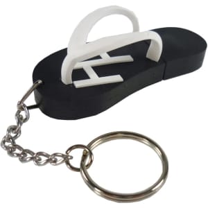 A custom moulded flash drive shaped like a black flip-flop with a white thong and attached keychain.