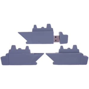 Custom moulded flash drives in grey, featuring a creative design resembling a ship, with a visible USB connector.