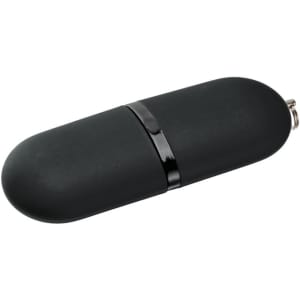 A dark green flash drive with a smooth texture, featuring a black band and a small keyring attachment.
