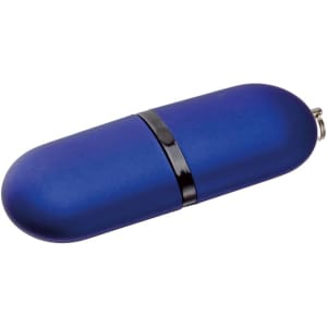 A blue flash drive with a sleek, oval design and a black connector band. It features a branding logo.