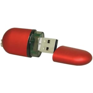 A red flash drive in a capsule shape, with a detachable cap revealing a USB connector. It has a logo on the side.