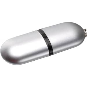 A silver flash drive with a sleek, oval design and a black accent band in the centre, featuring a branding logo.