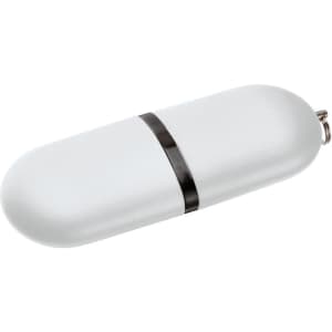 A grey and black flash drive in an oval shape with a keyring attachment. It features a sleek, smooth design and has a logo.