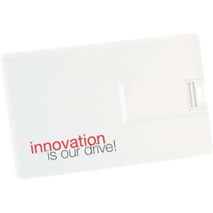 A white slimline credit card flash drive featuring a logo and a printed phrase, designed for easy portability.