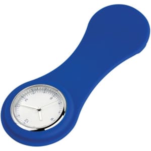 A blue, silicone nurse watch with a round face and a silver bezel, featuring a white clock face.