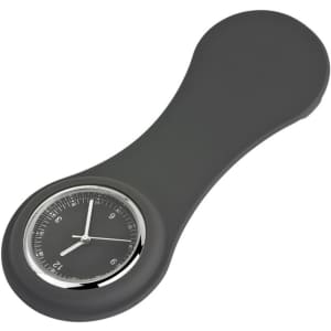 A grey nurse watch with a round silver dial and a smooth, elongated strap. It features a branding logo.