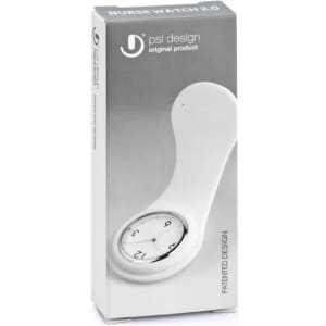 A white packaging for the Nurse Watch 2.0 featuring a round clock face and a logo. The design is sleek and modern.