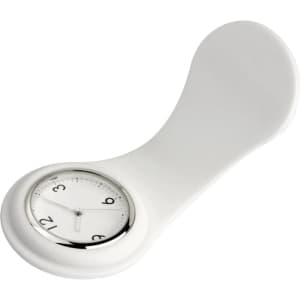 A white watch with a round dial and a smooth, curved band. It features a silver bezel and clear markings.