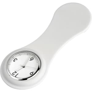 A white nurse watch with a round face and silver accents. The watch features clear hour markers and a sleek design.