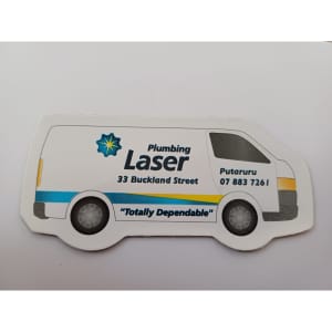 A van-shaped fridge magnet in white and yellow, featuring a logo and contact information.
