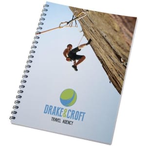 A5 wiro bound notebook featuring a climbing image on the cover, primarily in blue and green tones.