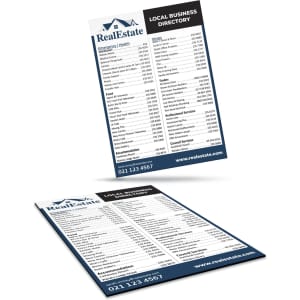 A5 fridge magnet featuring a local business directory in blue and white, with a logo and contact details.