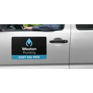 A magnetic car sign featuring a logo in blue and black, attached to the side of a white vehicle.