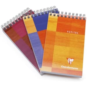 A7 wiro bound notebooks in vibrant orange, blue, and burgundy colours, featuring a logo on the front cover.