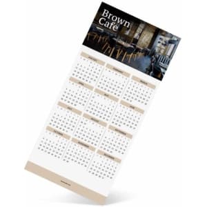 A fridge magnet calendar featuring a clean design with a brown and beige colour scheme and a cafe background image.