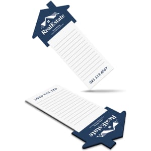 A large notepad with a house-shaped top, featuring a dark blue design and lines for writing notes.