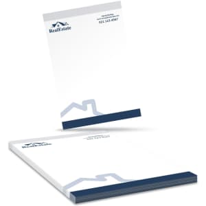 A4 note pads with 75 leaves, featuring a white design and a blue mountain graphic at the bottom. Includes a logo.