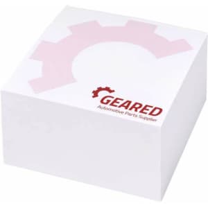 A white notepad block with a pink gear design and a logo, ideal for office use.