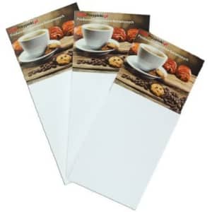 Three large magnetic shopping note pads in white, featuring an image of a cup and cookies at the top.